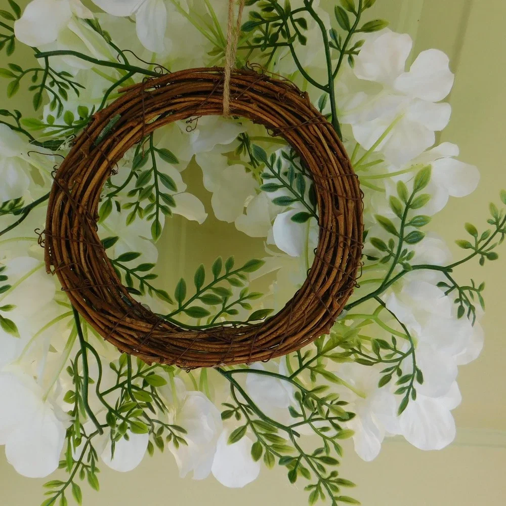 White Hydrangea Mini Wreath, Grapevine Base, Cabinet Decor, Candle Ring